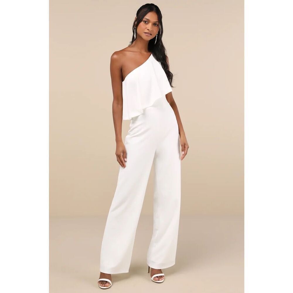 Lulus Flawless Vibes White One-Shoulder Tiered Wide-Leg Jumpsuit Size S NWT
